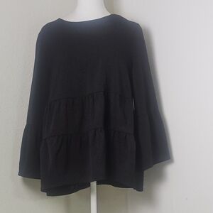 COS A Line Womens Top Sz 8 Black 3/4 Gathered Sleeve Lightweight Wool Oversized